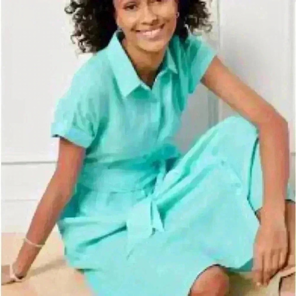 TALBOTS The Sutton Shirtdress Fit & Flare Cross Dye 100% Linen in Aqua Size 6 - Picture 4 of 12
